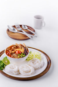 High angle view of food in plate on table