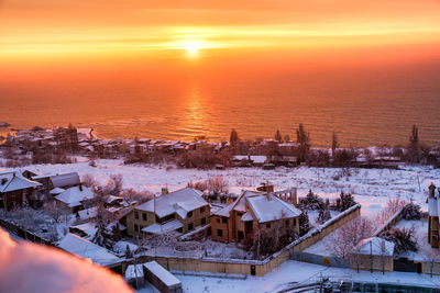 High angle view of townscape against sky during winter