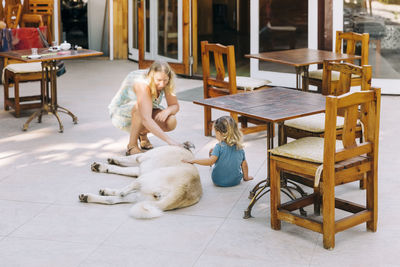 Woman with dog sitting on chair at table