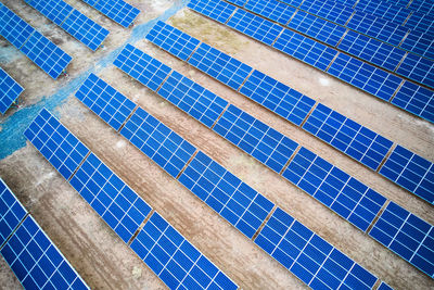 Aerial view of solar panel farm. solar power station aerial view. rows of solar photovoltaic panels