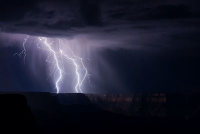 Lightning strikes from a strong thunderstorm over the grand canyon.