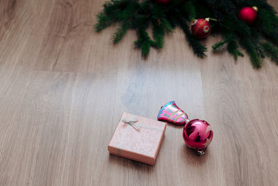 High angle view of christmas decorations on table