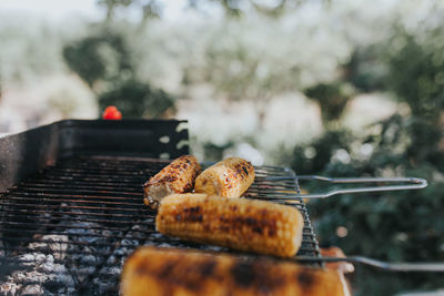 Close-up of corn on barbecue grill