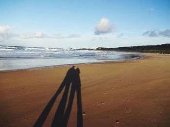 Rear view of man standing on beach against sky