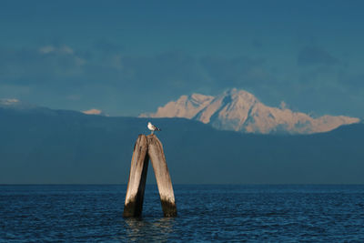 Scenic view of sea by mountain against sky