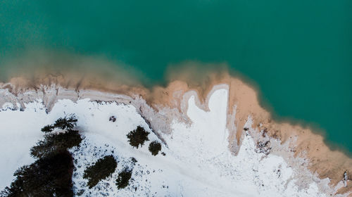 High angle view of snow covered land