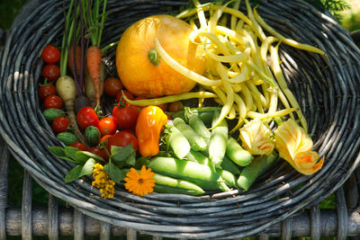 High angle view of vegetables in basket on grass