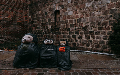 Three teddy bears in rain coats agaisnt wall in rainy season