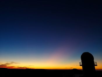 Silhouette built structure against blue sky at sunset