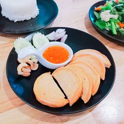 High angle view of food in plate on table