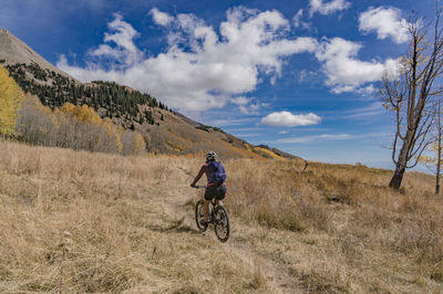 Man riding bicycle on mountain