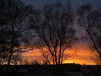 Silhouette bare trees and buildings against sky during sunset