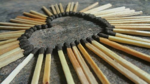 Close-up of matchsticks heart