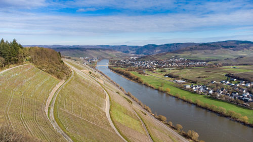 Aerial view of the river moselle valley with vineyards and the villages brauneberg and muelheim