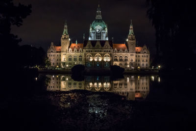 Reflection of building in water at night