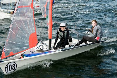 High angle view of people on boat sailing in sea