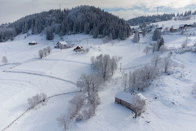 Snow covered land and trees against sky