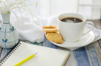 Close-up of coffee and cup on table