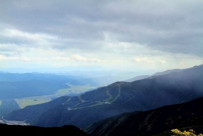 Scenic view of mountains against cloudy sky