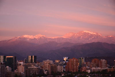 High angle view of buildings against sky at sunset