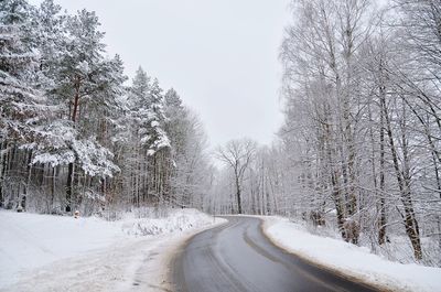 Road amidst trees against sky during winter