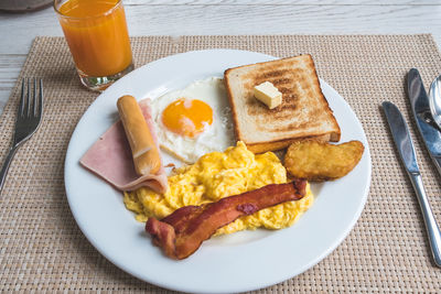 High angle view of breakfast served on table