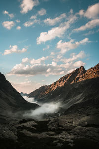 Scenic view of volcanic mountain against sky