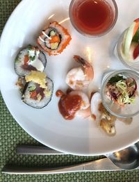 High angle view of breakfast served on table