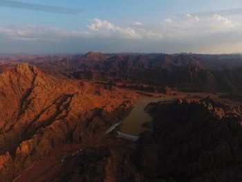 High angle view of landscape against sky during sunset