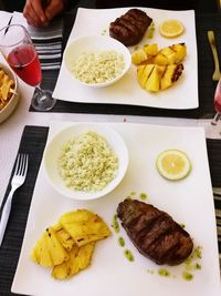 High angle view of food served on table