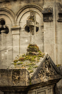 Close-up of old temple against building