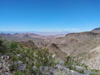 Scenic view of desert against clear blue sky