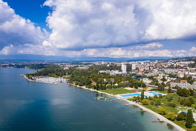 High angle view of buildings in city