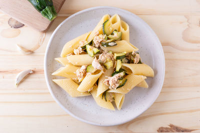 High angle view of food in plate on table
