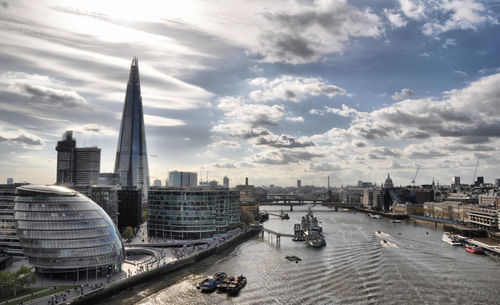 High angle view of modern buildings by thames river