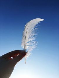 Hand holding feather against clear blue sky
