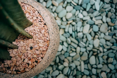 High angle view of stone stack on pebbles