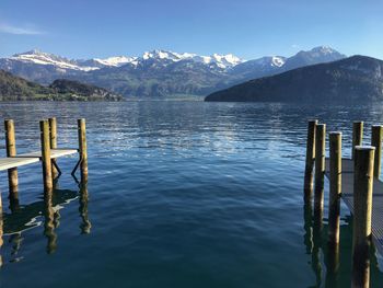 Scenic view of lake and mountains against sky