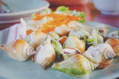 High angle view of seafood in plate on table