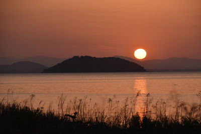 Scenic view of lake against sky during sunset