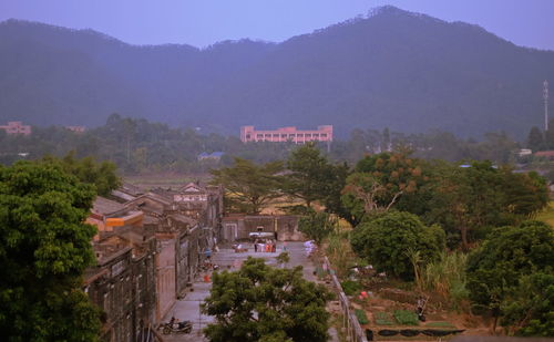 High angle view of trees and buildings in city