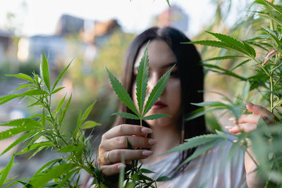 Portrait of young woman holding leaf of cannabis plant