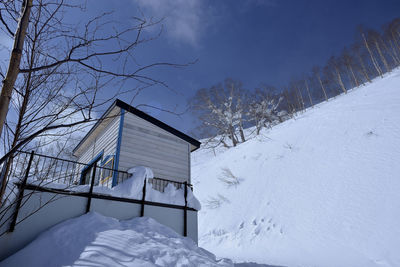 Snow covered house and tree against sky