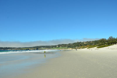 Scenic view of beach against clear blue sky