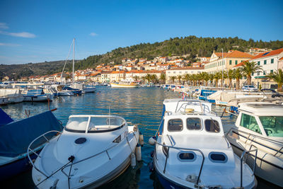 Boats moored in harbor