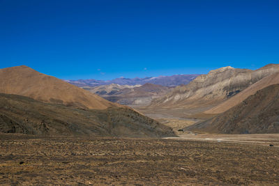 Scenic view of mountains against clear blue sky