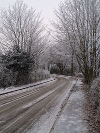 Road amidst trees against sky during winter