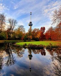Reflection of trees in lake against sky