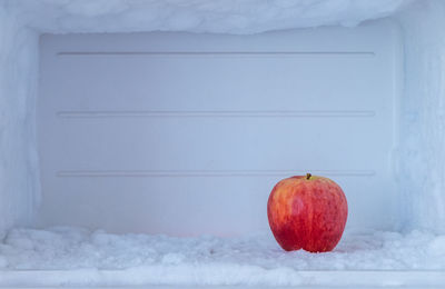 Close-up of apple in frozen refrigerator