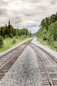 Railroad tracks amidst trees against cloudy sky